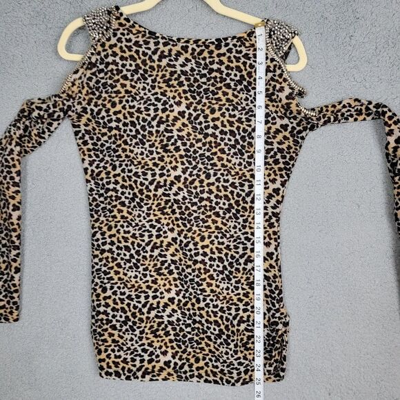 C. Oliver Blouse M Leopard Print Cold Shoulder Stretchy Silver Bead Embellished - Picture 6 of 16